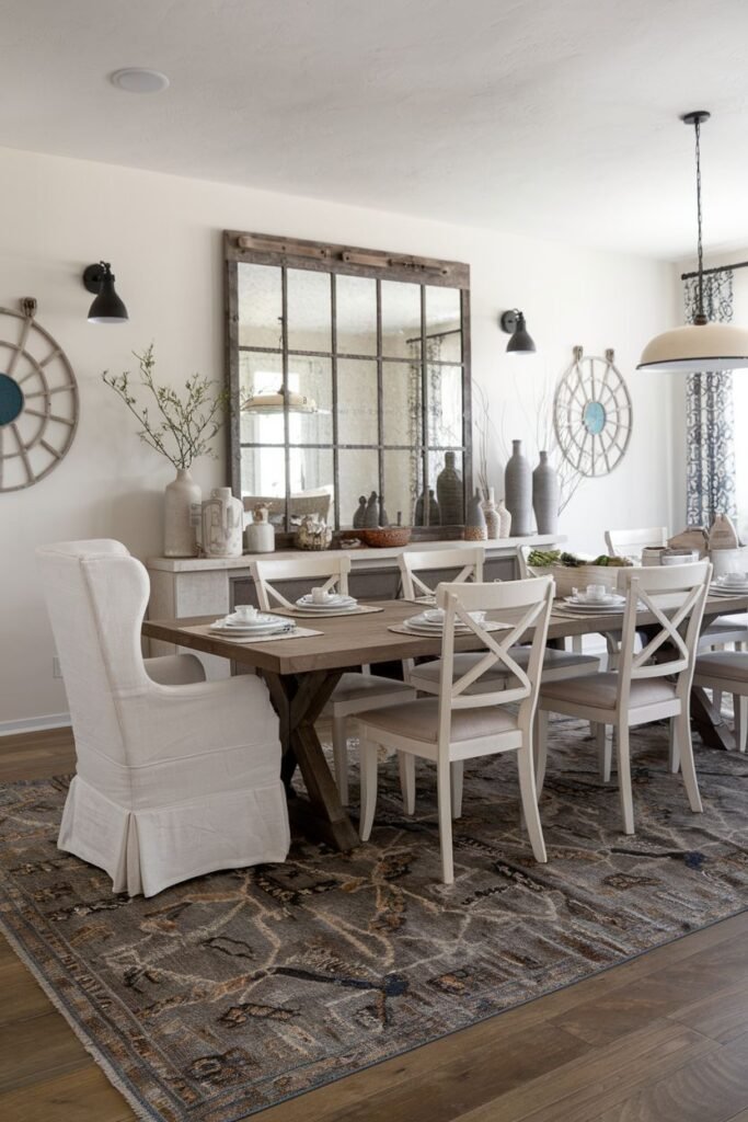 A modern farmhouse dining room features a wooden trestle table, upholstered chairs, a large distressed mirror, and a patterned rug.