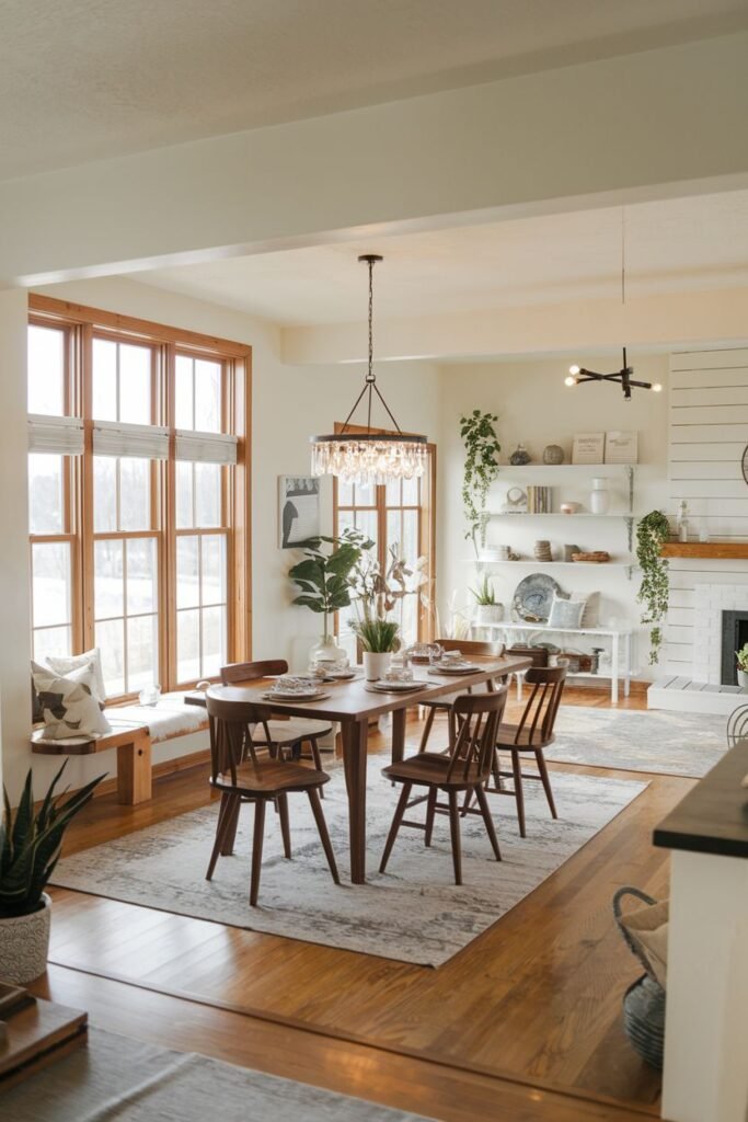 A cozy modern farmhouse dining nook with a wooden table, wooden chairs, a crystal chandelier, and a built-in window seat.