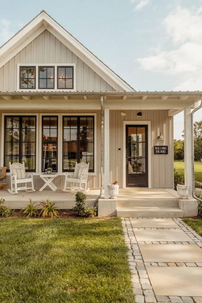A light grey-sided modern farmhouse with white trim and dark windows, featuring a small front porch with white rocking chairs and a sign that says "WELCOME HOME".