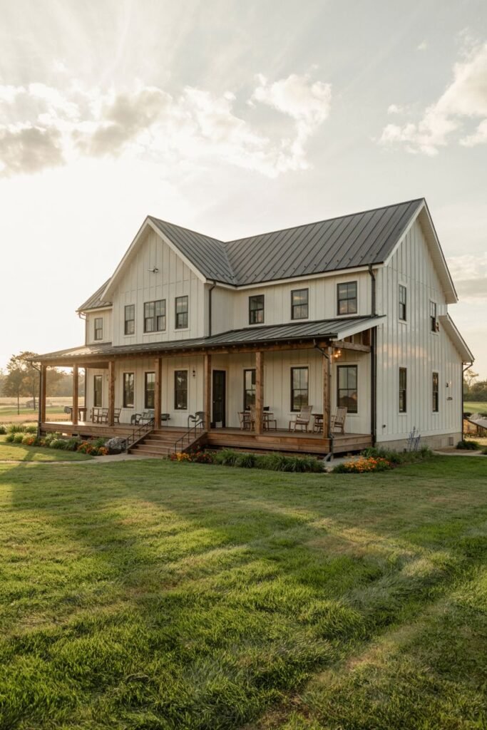 A white two-story modern farmhouse with vertical board-and-batten siding, a dark metal roof, and an expansive wooden porch/deck extending along the front and side.
