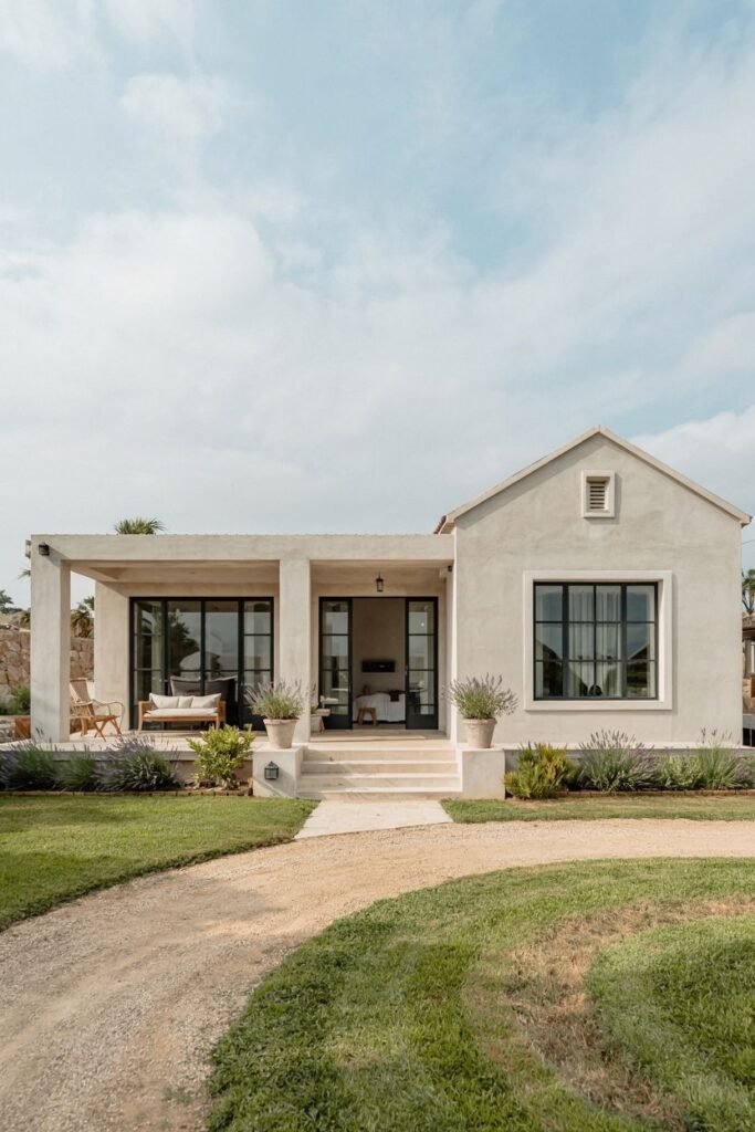 A light-colored stucco modern farmhouse with a flat roof section over a patio, dark windows, and minimal front landscaping with lavender plants.