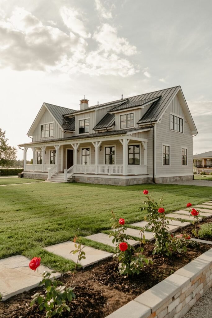 A light grey-sided modern farmhouse with a wrap-around porch, white railing, dark windows, and a dark metal roof, with a stone path leading through a garden bed of roses.