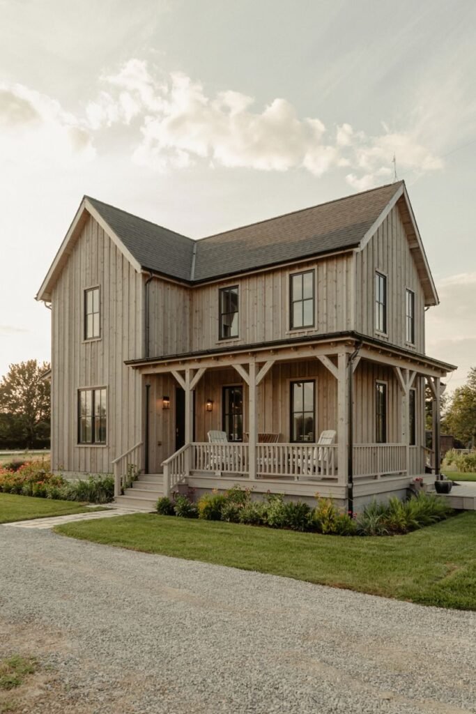 A natural wood-sided two-story modern farmhouse with a dark roof, dark windows, and a covered porch supported by white columns, set in a grassy area with a gravel driveway and flower beds.