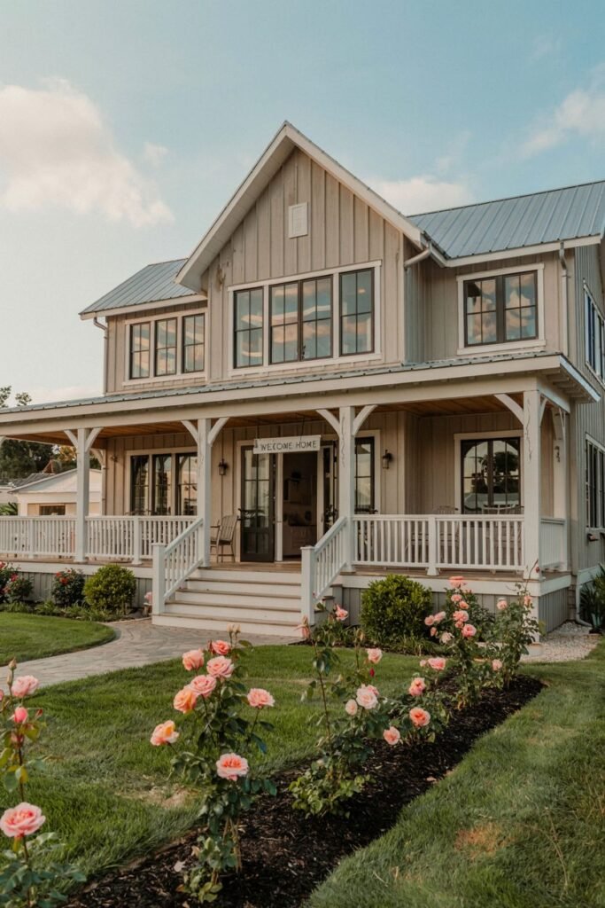 A light grey-sided two-story modern farmhouse with a dark metal roof, dark windows, and a multi-level porch with white railings, viewed from a path bordered by pink roses. A sign says "WELCOME HOME".