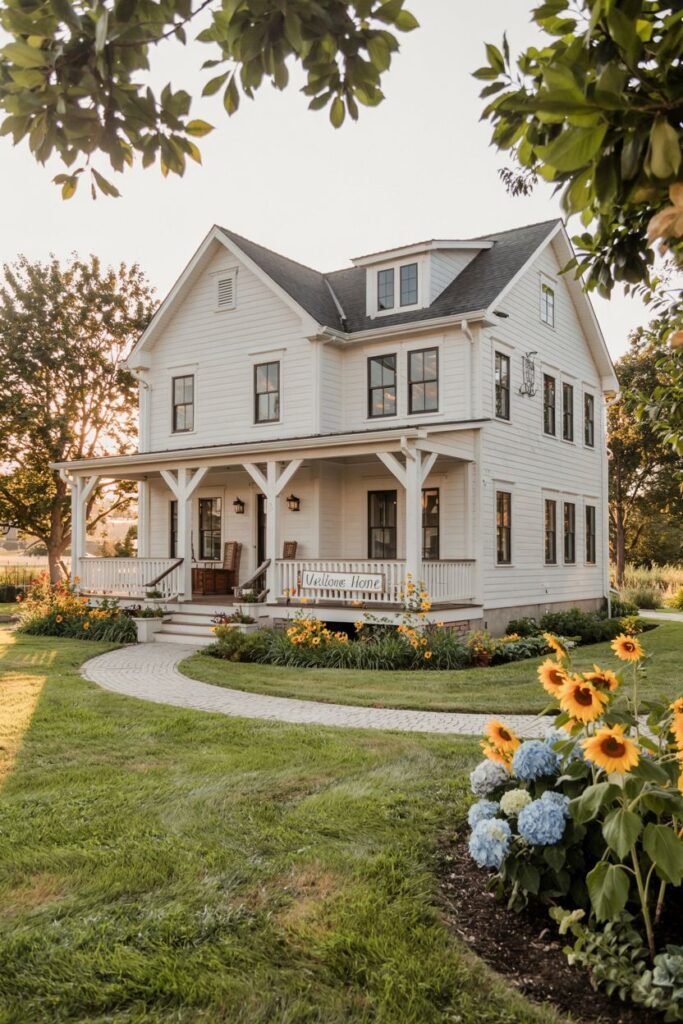 A white two-story modern farmhouse with a wrap-around porch, dark-framed windows, and a gabled roof, set amidst a sunny landscape with sunflowers and hydrangeas in the foreground. A sign reads "WELCOME HOME".