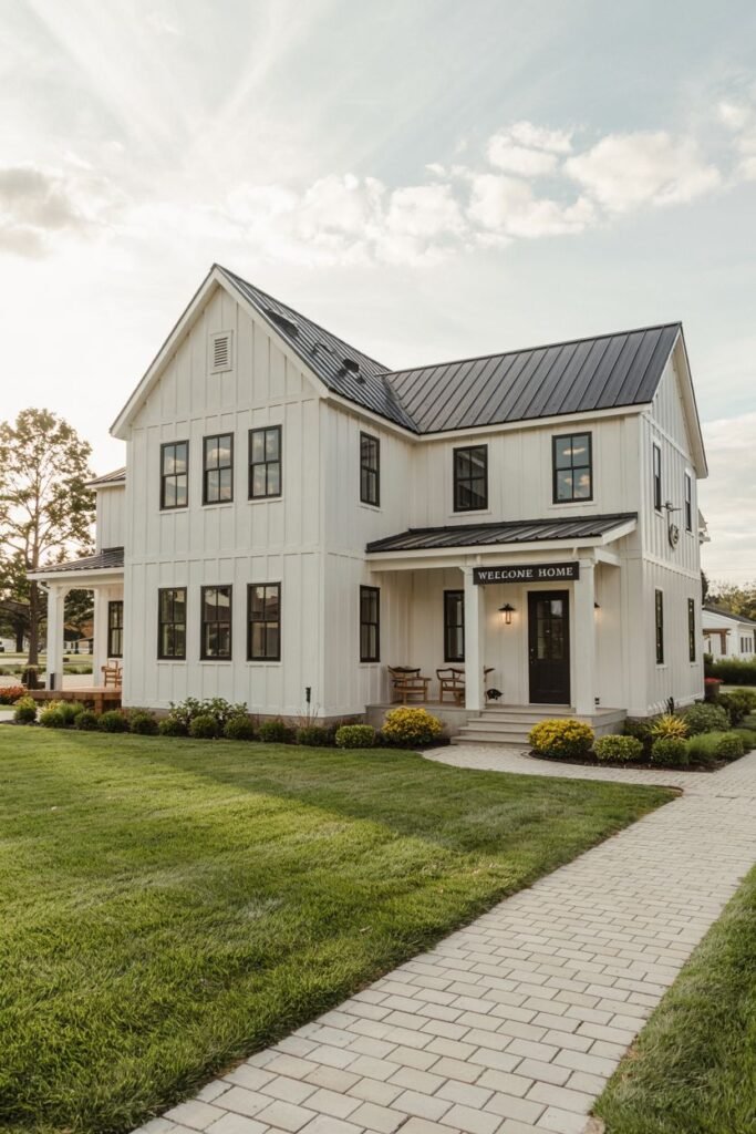 A white-sided two-story modern farmhouse with board-and-batten siding, a dark metal roof, dark windows, and a covered porch with a sign saying "WELCOME HOME", viewed from a paved pathway bordered by low bushes.