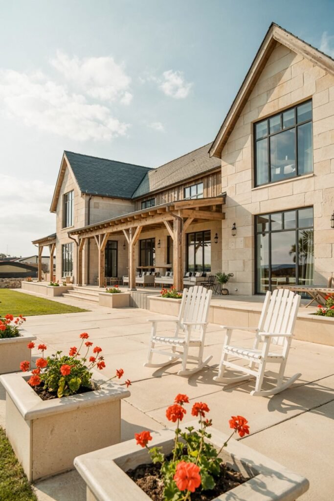 A large modern farmhouse constructed with light-colored stone, featuring dark windows, a dark roof, and a large patio area with white Adirondack chairs and planters filled with red geraniums.