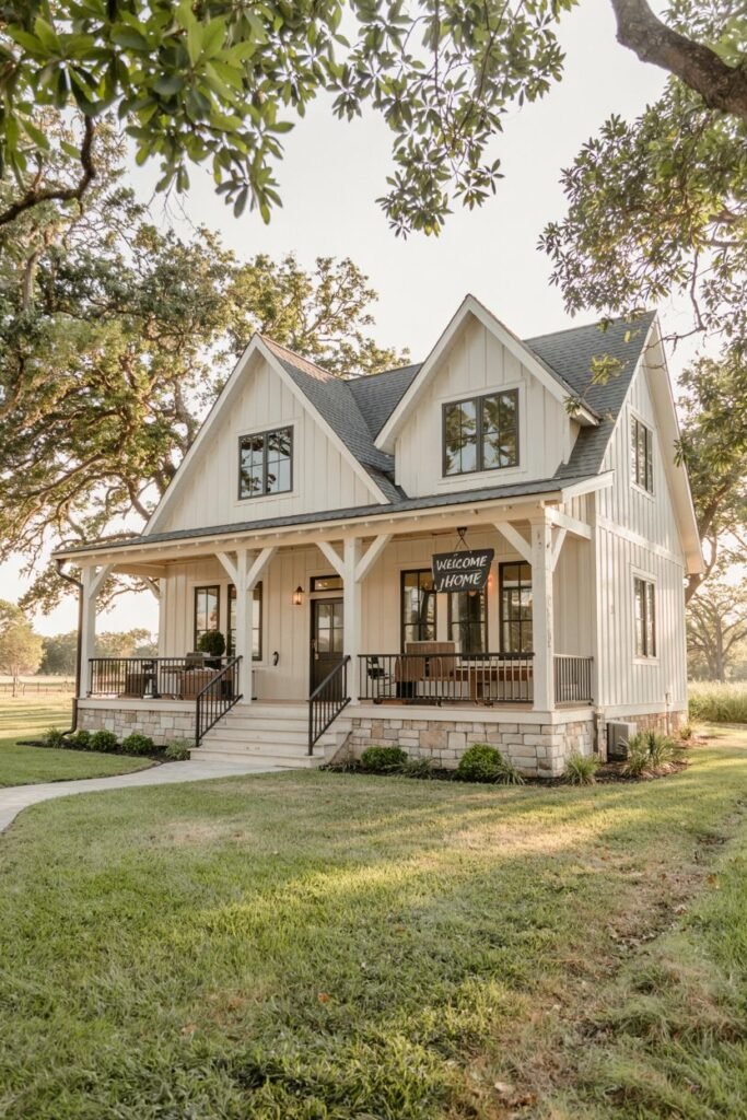 A white-sided two-story modern farmhouse with board-and-batten siding on the upper level and stone on the lower, featuring a dark roof, dark windows, and a welcoming covered porch with a sign saying "WELCOME HOME".