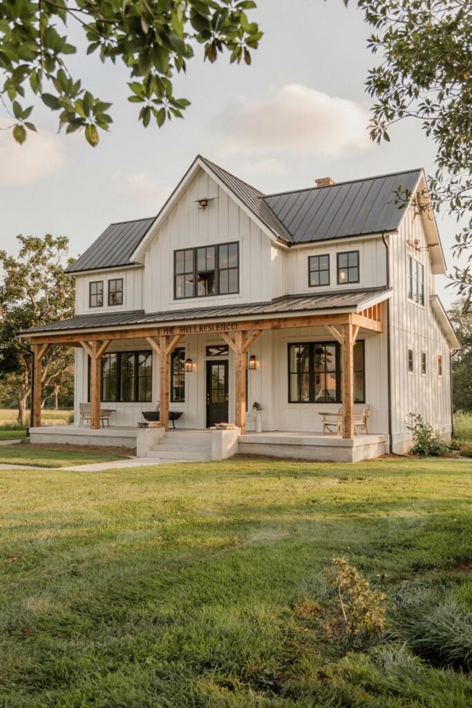 A white two-story modern farmhouse with board-and-batten siding, a dark metal roof, dark windows, and a spacious covered porch supported by natural wood posts. A sign reads "THE MILLERS CO".