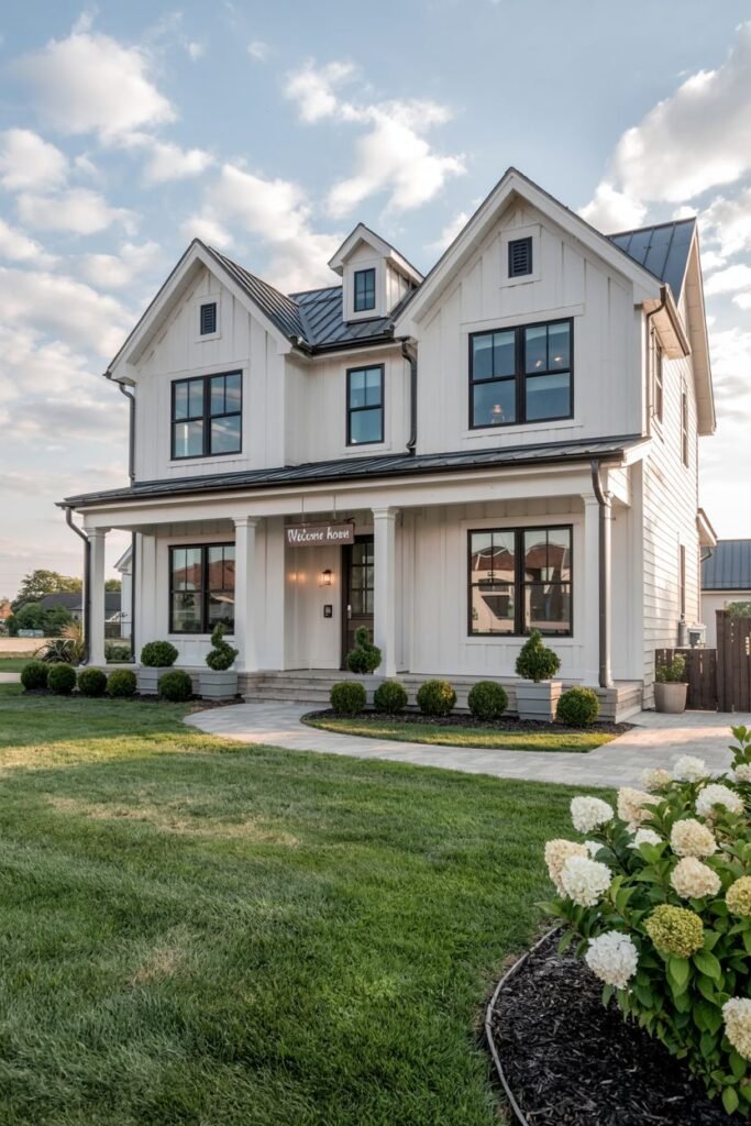A white-sided two-story modern farmhouse with gables, a dark metal roof, dark windows, and a covered porch with white columns, viewed from a paved path next to white hydrangea bushes. A sign says "Welcome Home".