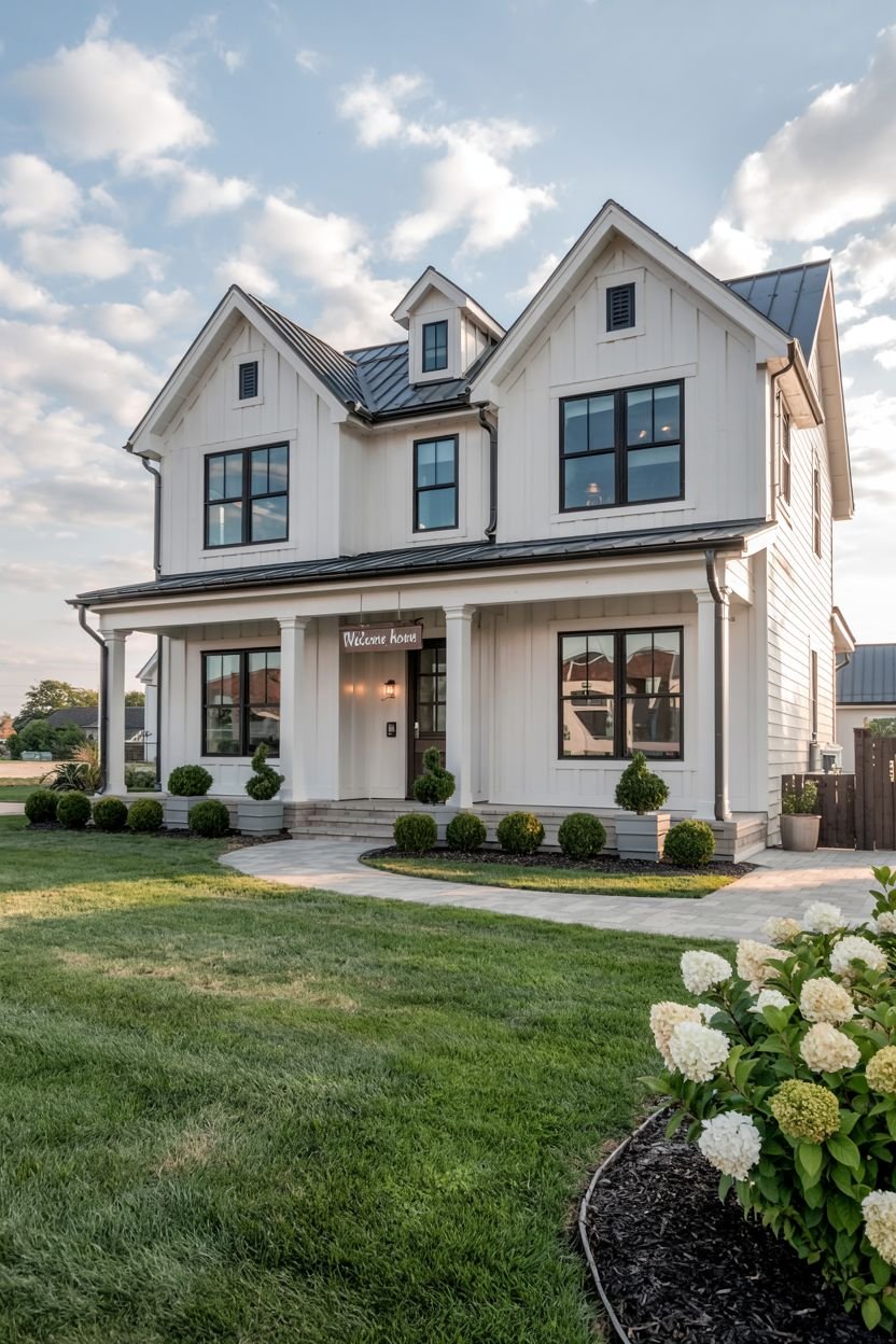 A white-sided two-story modern farmhouse with gables, a dark metal roof, dark windows, and a covered porch with white columns, viewed from a paved path next to white hydrangea bushes. A sign says "Welcome Home".