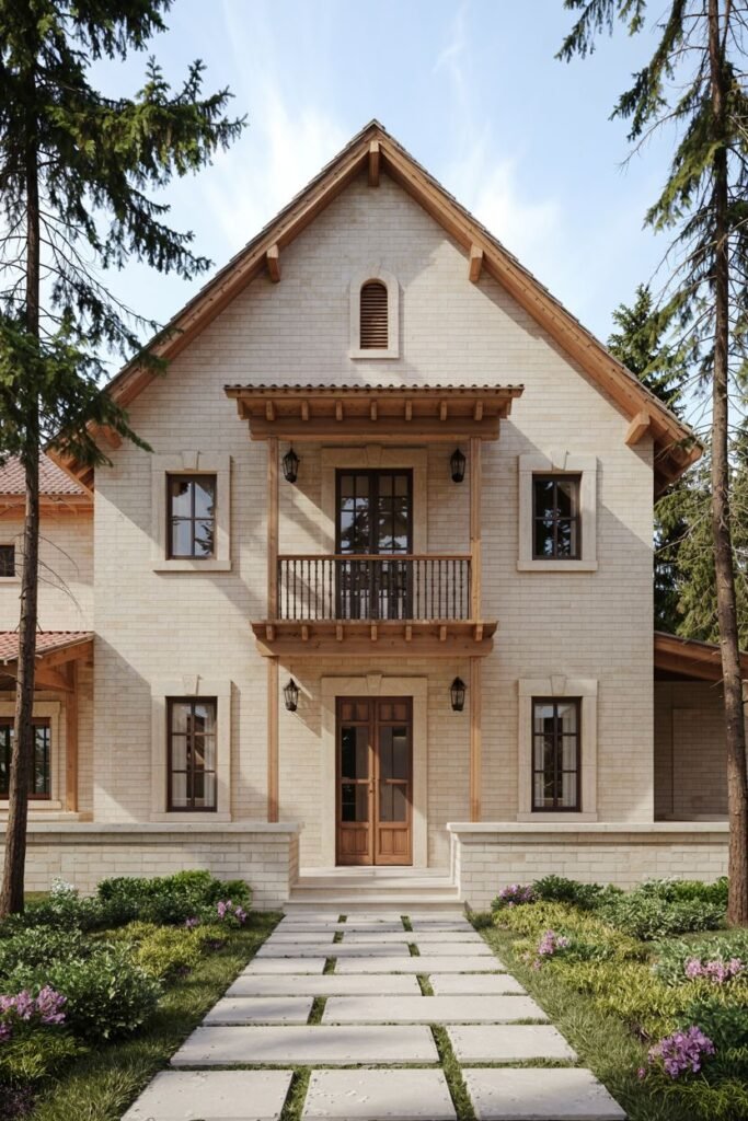 A light-colored brick modern farmhouse with a gabled roof, natural wood accents on the balcony and porch structure, and a stone path leading through landscaping.