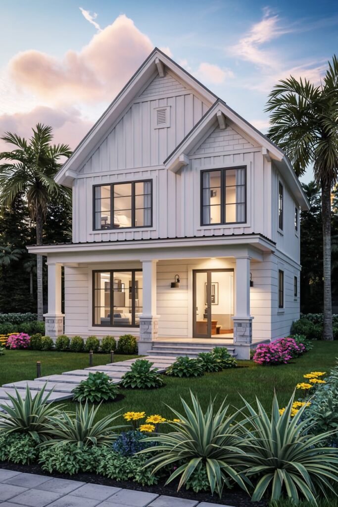 A modern farmhouse with a white exterior, dark windows, and a gabled roof, surrounded by lush landscaping featuring palm trees and colorful flowers.
