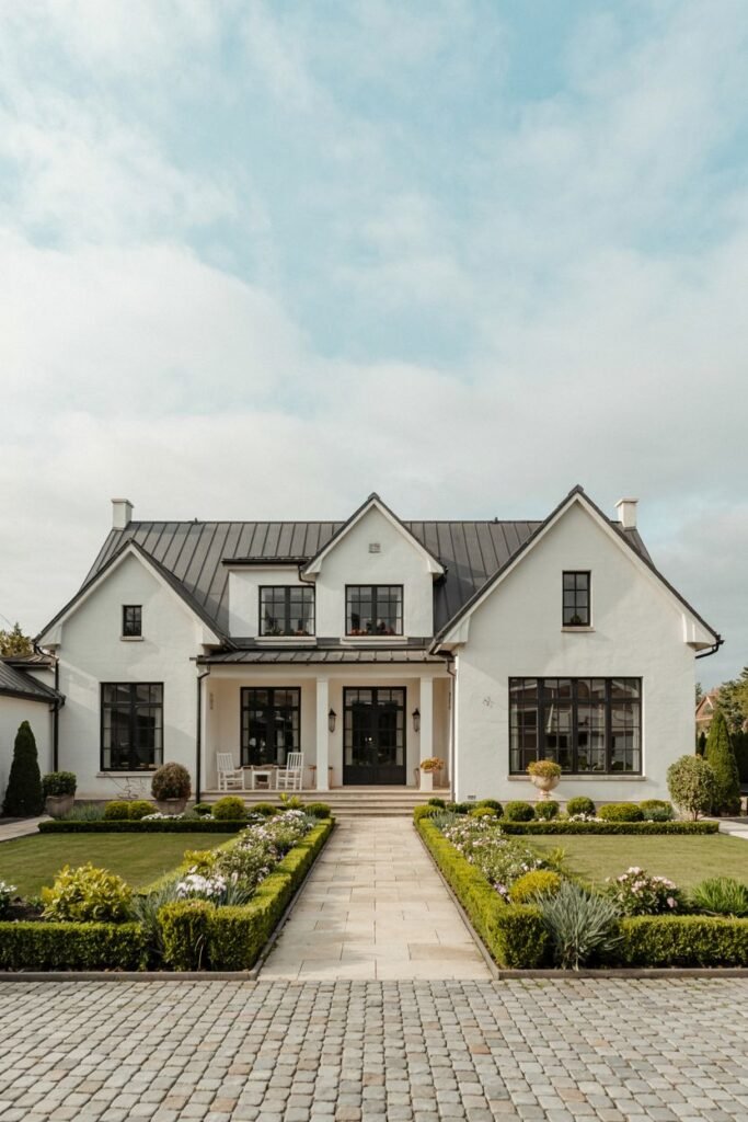 A wide white modern farmhouse with a dark metal roof, symmetrical design, dark windows, and a formal garden path leading to the entrance.