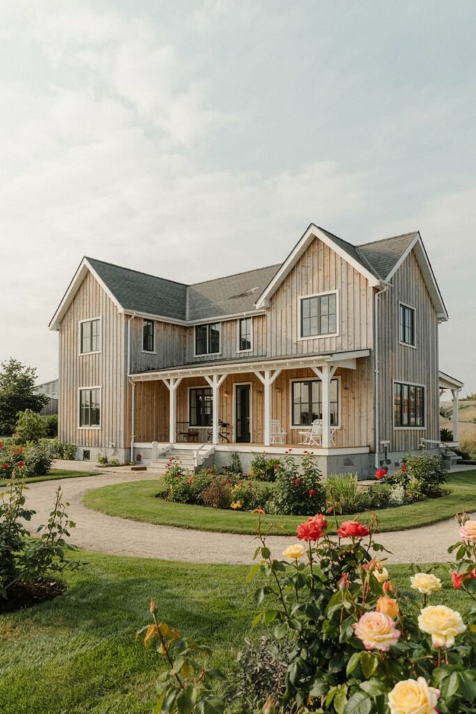 A large natural wood-sided modern farmhouse with a wrap-around porch, dark windows, and a complex roofline, surrounded by gardens featuring roses.