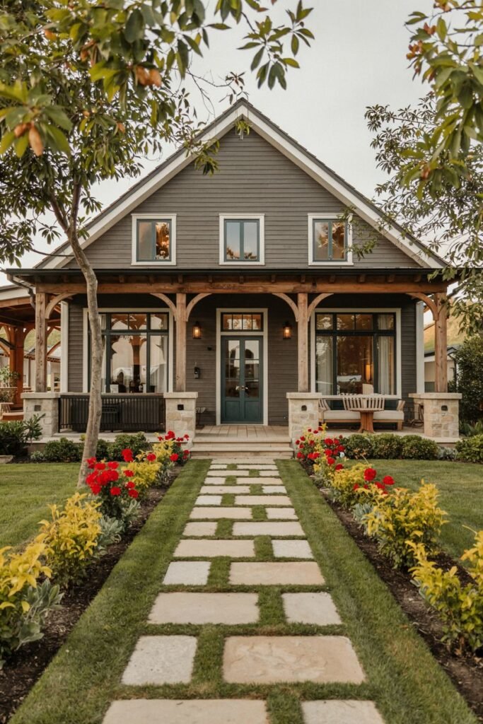 A grey-sided modern farmhouse with dark trim, natural wood columns supporting the porch, and a stone walkway bordered by gardens.