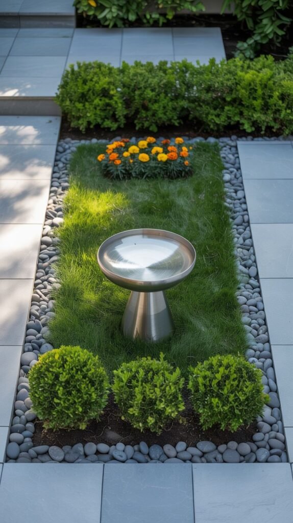 A modern landscape features a rectangular bed of green grass centered within a paved area. A modern metallic bird bath is placed in the middle of the grass bed. The rectangular bed is surrounded by smooth gray and black river rocks. Three small, round green shrubs are planted in the gravel in the foreground.