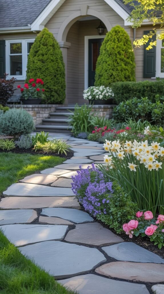 A charming house entrance has a winding path of large, irregular flagstones set into the lawn. The path edges are lined with a variety of colorful perennials, including white daffodils in the foreground, purple salvias, and pink roses.