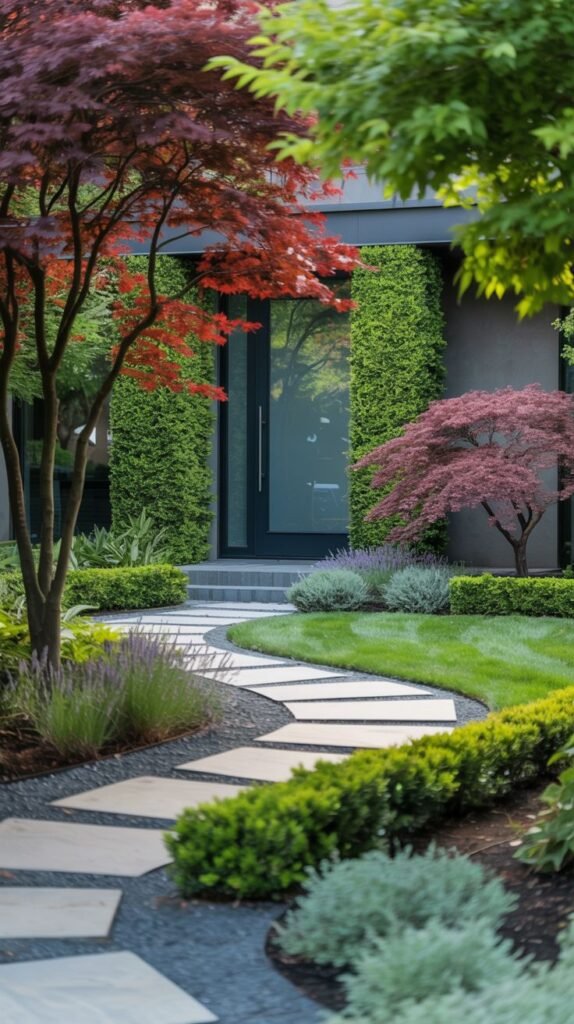 A modern house entrance is framed by tall green hedges. A curved pathway of square stepping stones set in light-colored gravel leads to the dark front door. The gravel beds are edged with dark rocks or mulch. Low green and silver-leaved shrubs are planted along the path. Japanese maple trees with red leaves are featured near the entrance.