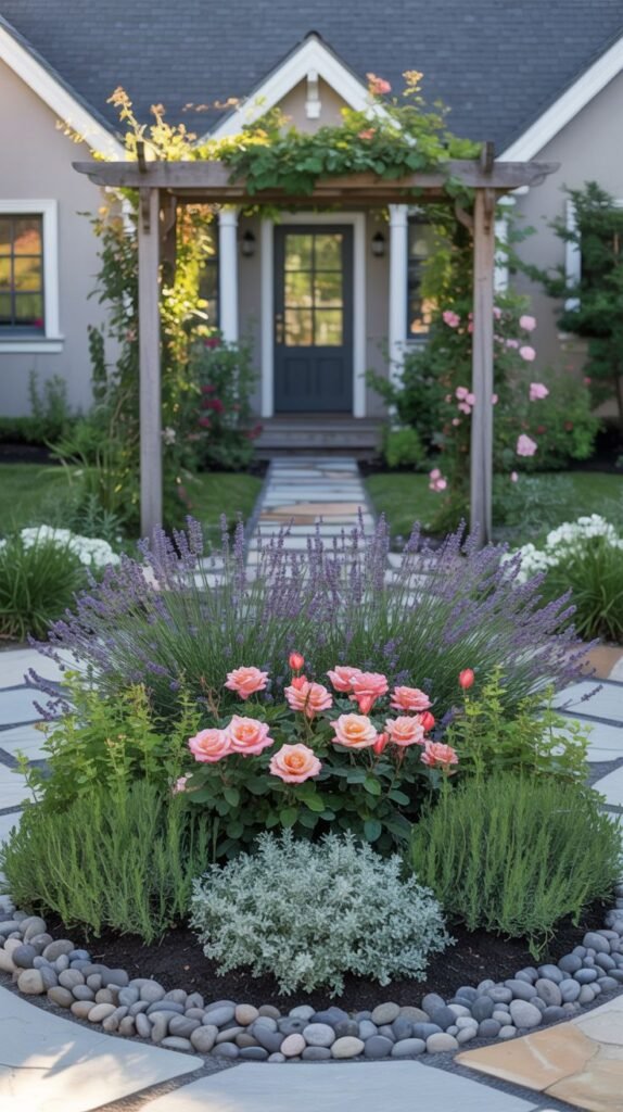 A front yard entrance is framed by a wooden arbor covered in climbing roses. A pathway leads to the door. In the foreground, a large circular bed is filled with tall purple lavender and clusters of pink roses, edged with river rocks and smaller green and silver-leaved plants.
