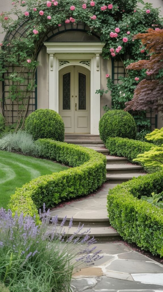Winding stone steps lead up to an elegant entrance framed by an arch with climbing pink roses. The sides of the path and steps are bordered by beautifully sculpted, wavy green hedges. Large, sphere-shaped green shrubs are placed near the door.