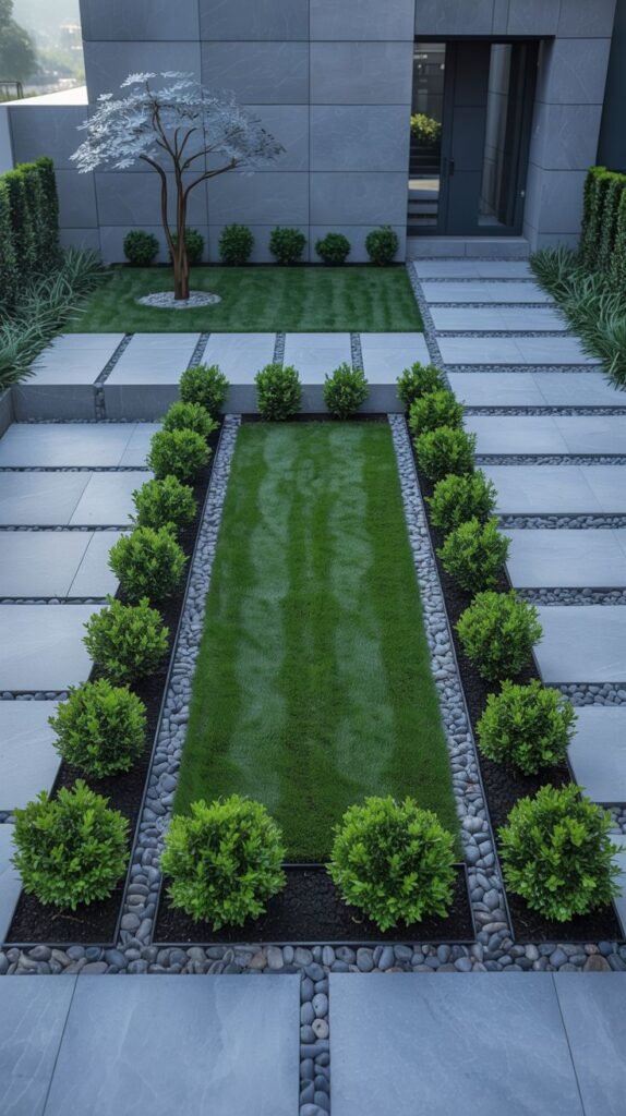 A formal, modern landscape features a long rectangular bed of green grass centered between paved areas. The grass bed is bordered by dark gravel and rows of evenly spaced, perfectly trimmed sphere-shaped green shrubs. Large square gray pavers make up the surrounding pathway. A striking, modern metal tree sculpture stands in the grass bed.