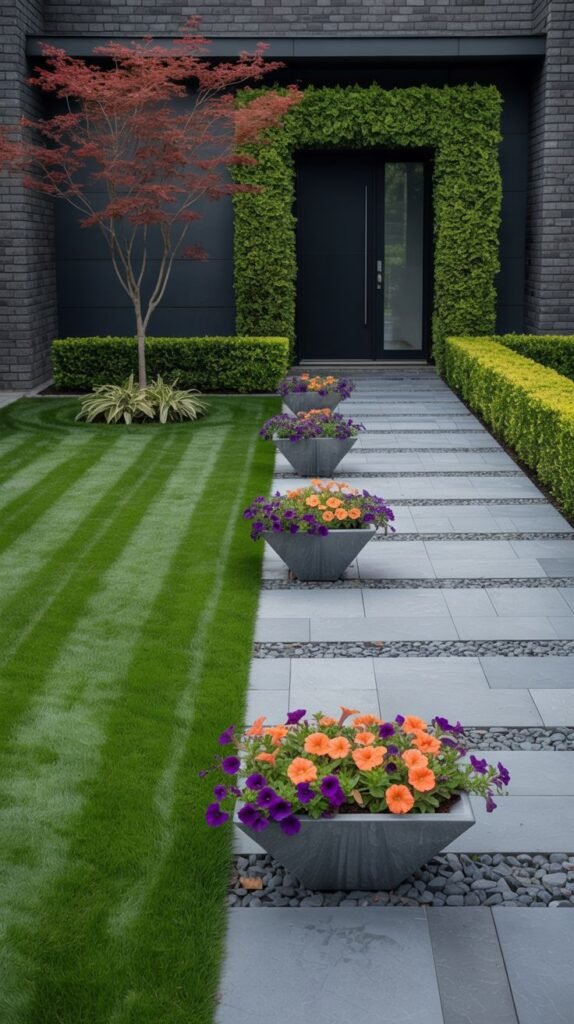 A bold, modern front entry features a straight pathway of large gray pavers separated by dark gravel. The path is flanked by dark gray planters filled with vibrant orange and purple flowers. The side lawn is edged with a low yellow-green hedge and features strong stripes in the mowing pattern. A red-leaved Japanese maple tree is visible on the left.