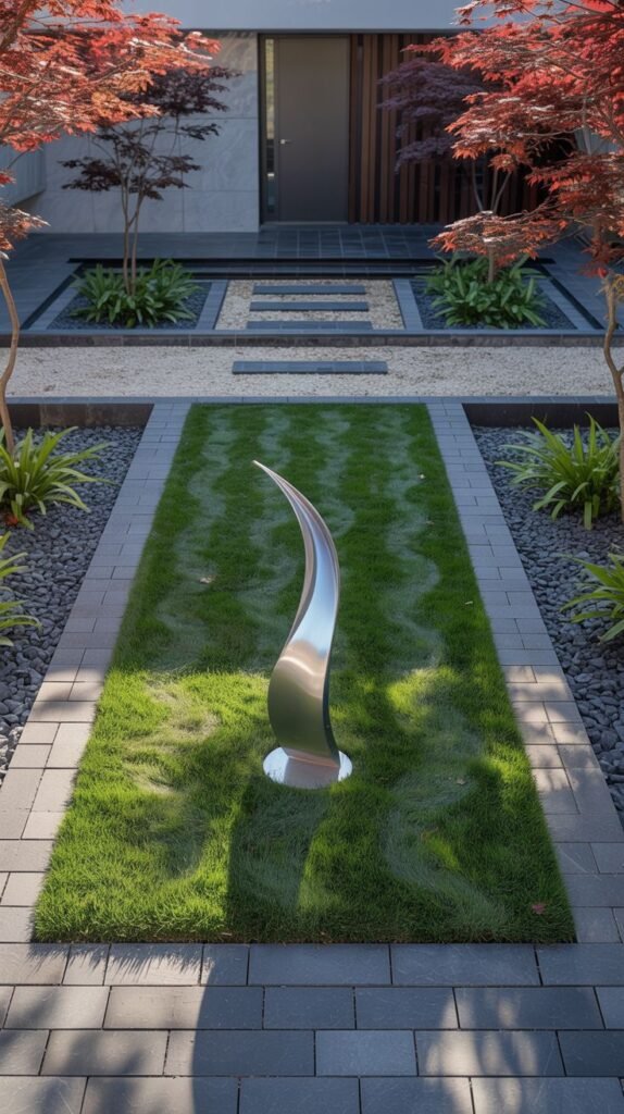 A minimalist modern front yard features a path of rectangular pavers leading to a house. Rectangular beds filled with dark gravel contain simple, spiky green plants. A striking, modern steel sculpture stands in a central panel of green grass. Japanese maple trees with red foliage are near the house.