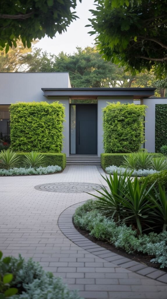 A formal and symmetrical entrance is flanked by tall, rectangular hedges. The path leading to the door is made of light-colored pavers and includes a decorative circular pattern in the paving near the foreground. The path is bordered by low hedges and spiky green and silver-leaved plants set in light-colored gravel or mulch.