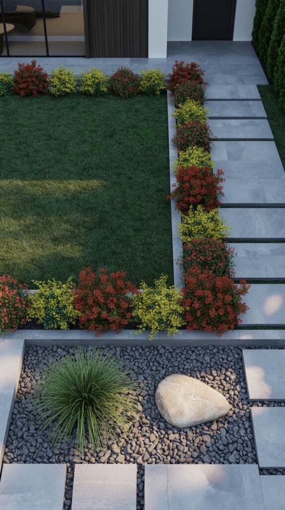 A modern landscape features a rectangular lawn panel bordered by beds of dark gravel and low shrubs with red and yellow foliage. Large, rectangular stepping stones lead across the paved area. Separate small beds with gravel feature a single large rock and spiky grass.