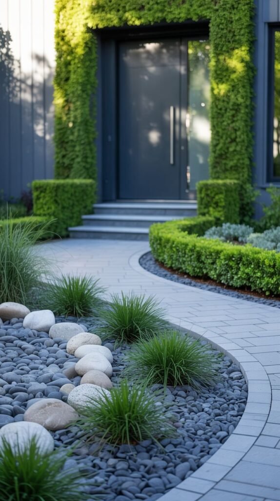 A curved pathway made of light gray pavers with dark gray gravel between them leads to a modern dark gray house. The pathway is bordered by garden beds filled with dark gray river rocks and clumps of green ornamental grasses. Larger, smooth light gray stones are scattered within the rock beds. Green hedges frame the entrance to the house.