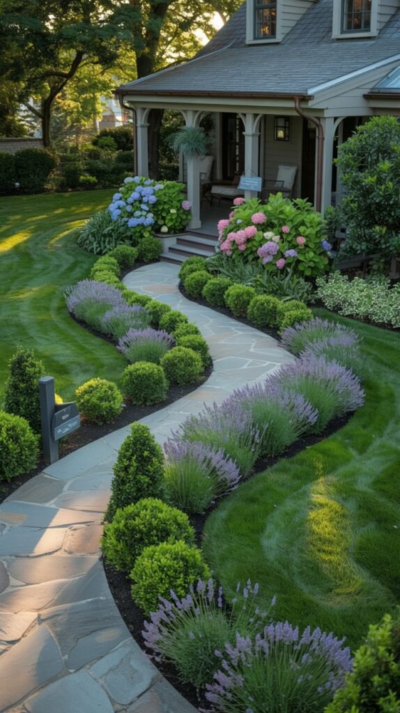 A house with a porch features a winding pathway of irregular flagstones set in lawn. The path is bordered by long continuous plantings of purple lavender and round green shrubs. Large bushes of pink and blue hydrangeas are near the house and porch.