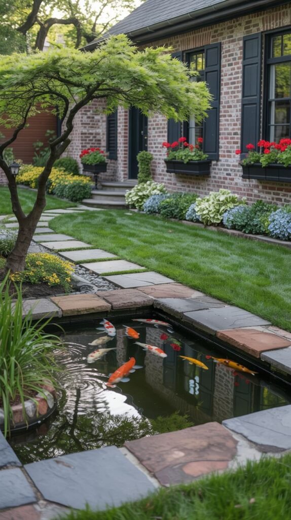 A brick house with black shutters has window boxes filled with red flowers. A pathway of irregular stepping stones leads across a lawn panel. A rectangular pond filled with colorful koi fish is featured near the path, edged with stones and surrounding plants. A multi-trunked tree is on the left.