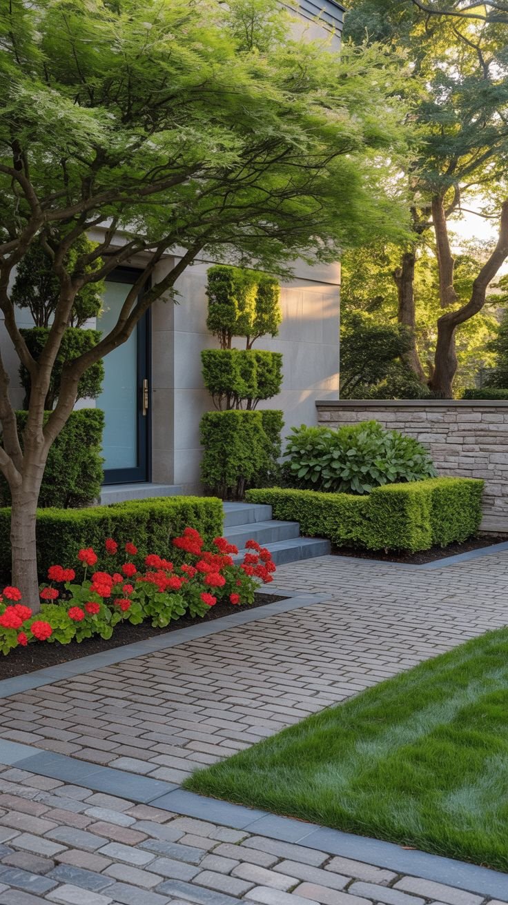 A modern house entrance has a pathway made of rectangular brick pavers laid in a diagonal pattern. The paved area is bordered by manicured lawn and beds of red flowering plants. Neatly trimmed green bushes, some sculpted into shapes, are near the entrance steps. A tree with bright green leaves is visible.
