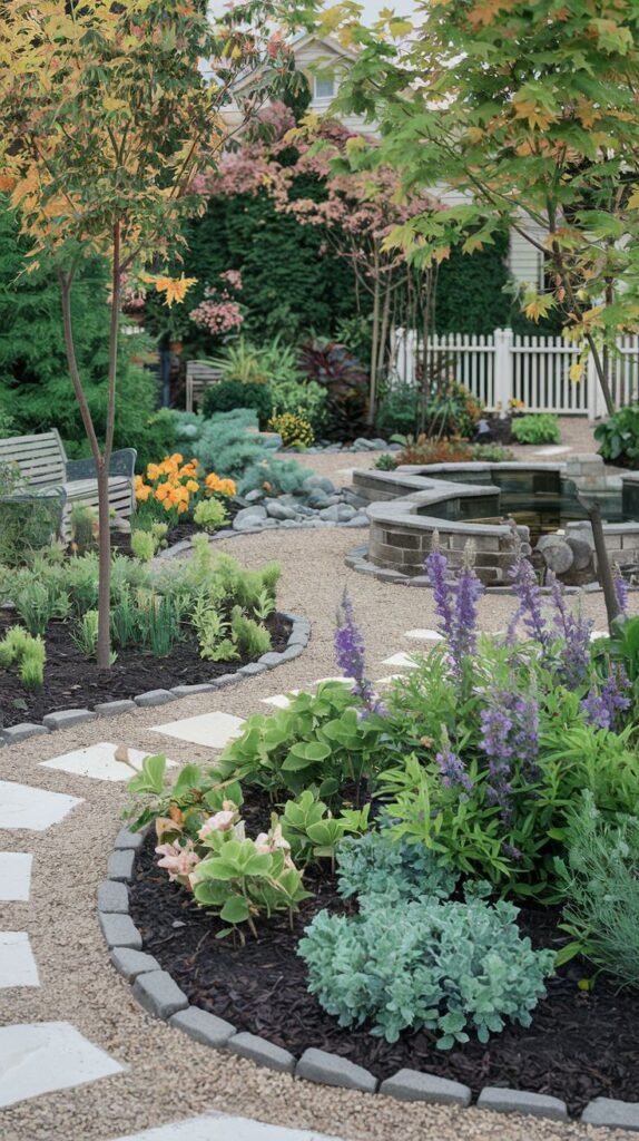 A front yard garden features a curved pathway of light-colored square stones set in gravel. Circular or curved garden beds filled with gravel, dark mulch, and a variety of low-growing plants in green, silver, and purple hues border the path. A water feature or pond with stone edging and surrounding plants is visible. A wooden bench provides seating.