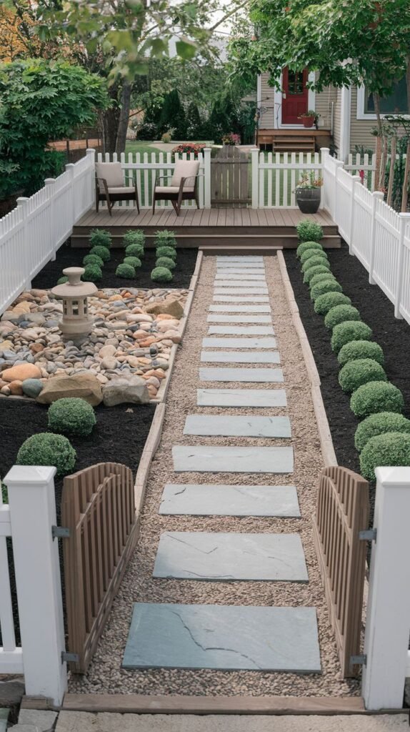 A long, narrow front yard features a straight pathway of large, light gray rectangular pavers set in lighter gray gravel. The path is flanked by beds mulched with black material, containing rows of low, rounded green shrubs. On the left side, a bed of rocks includes a stone lantern. A white picket fence borders the yard, with wooden gates at the front. At the rear, a raised wooden deck with two chairs provides a seating area.