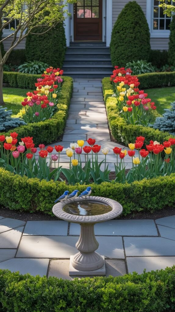 A formal, symmetrical front yard features a straight gray stone path leading up steps to a house. The path is flanked by garden beds bordered with neat, low green hedges. These beds are filled with rows of colorful tulips in red, yellow, and white. In the center foreground, a stone birdbath stands in a circular bed surrounded by low green hedges. Tall green conical trees are positioned near the house.