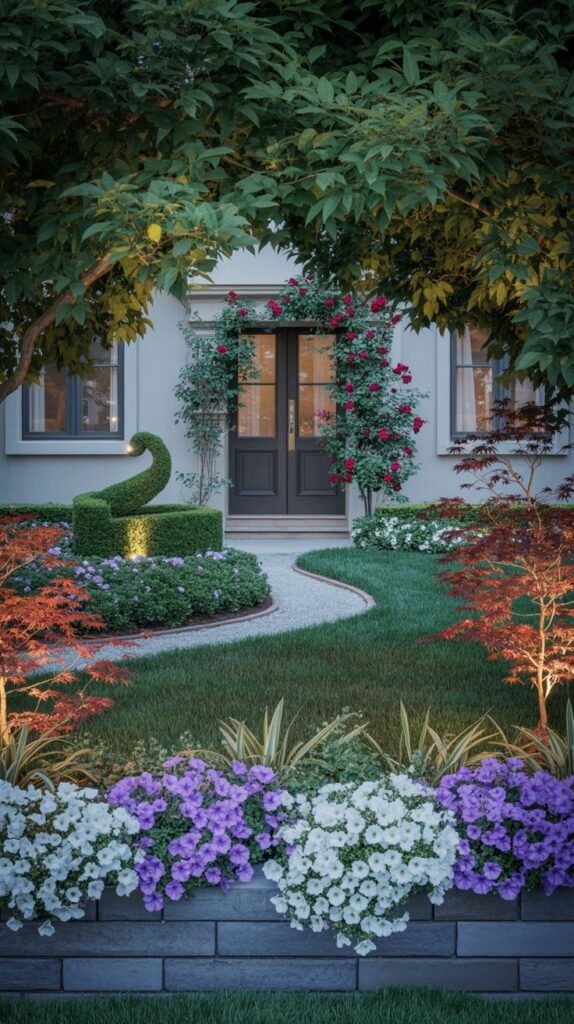 An elegant house entrance features a gently curving gravel pathway. The path is flanked by manicured lawn and low plantings. A large, green swan-shaped topiary is a focal point. Red climbing roses frame the dark front door. In the foreground, a border of vibrant purple and white petunias sits atop a stone wall. Red-leaved Japanese maples are also visible.