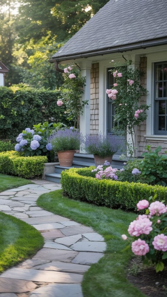 A charming cottage-style house entrance has a winding path of irregular flagstones set into grass. Large blue hydrangeas and clusters of pink roses are planted near the house. The path is bordered by low green hedges and pots containing lavender. Pink roses also bloom along the edge of the path in the foreground.