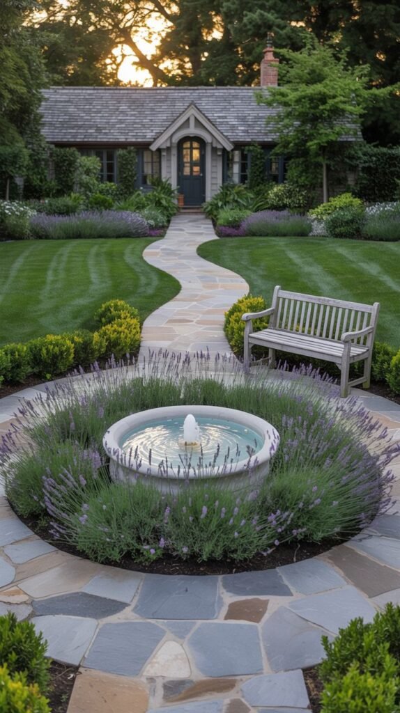 A front yard features a winding flagstone path leading towards a house. In the foreground, a large circular bed contains a central fountain surrounded by a dense planting of purple lavender. The circular bed is edged with large, irregular flagstones. A simple wooden bench is placed near the path on the right.