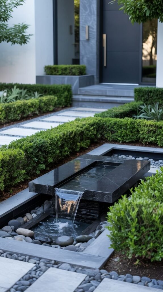 A modern front yard incorporates a dark stone water feature where water flows into a basin filled with smooth gray and black rocks. Low, manicured boxwood hedges surround the water feature and border parts of the path. The entry path is composed of large, square light-colored pavers separated by dark gravel.