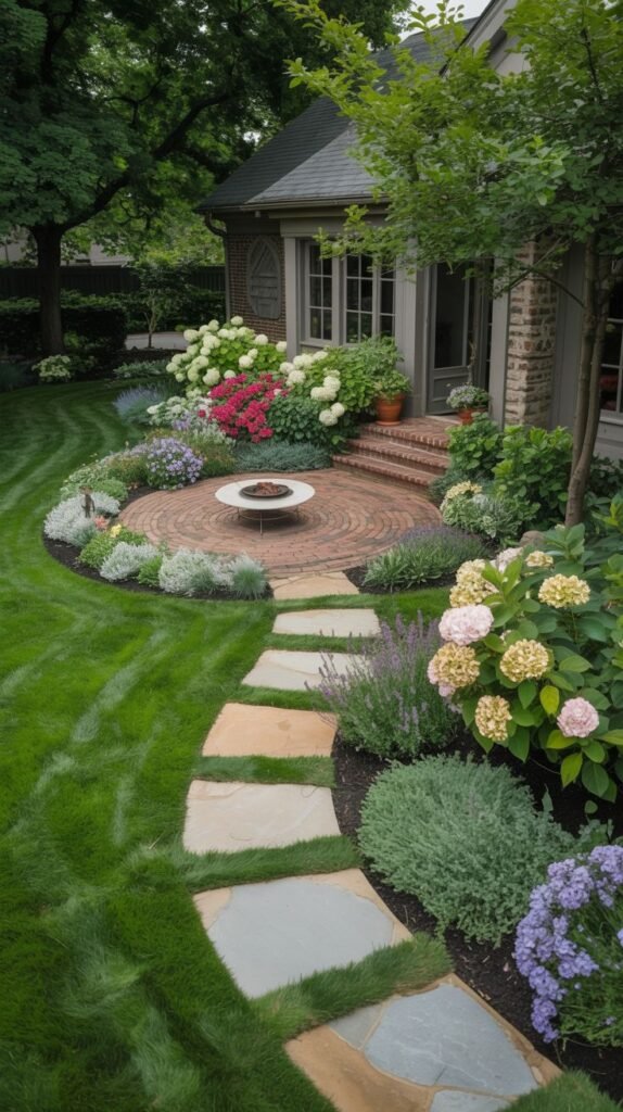 A front yard features a circular patio made of brick pavers with a central fire pit. A winding flagstone path leads to the patio. The patio is surrounded by lush garden beds filled with various flowering plants, including pink, white, and red hydrangeas, purple flowers, and light pink hydrangeas.