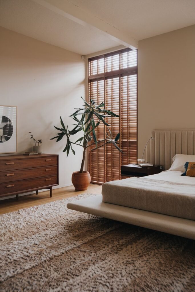 Minimalist modern Japandi bedroom featuring a low padded bed, wooden slatted blinds on a large window, a large potted plant, and a wooden dresser.