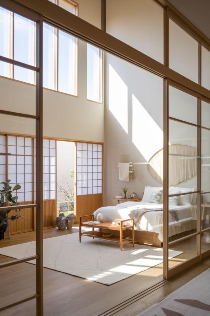 Bright modern Japandi bedroom separated by large sliding glass and shoji screen doors, featuring a low light wood platform bed and a round woven mirror.