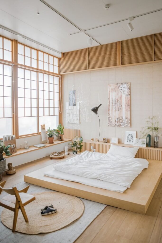 Elevated platform bed and window seating area in a modern Japandi bedroom, incorporating large windows with wooden grids and plants.