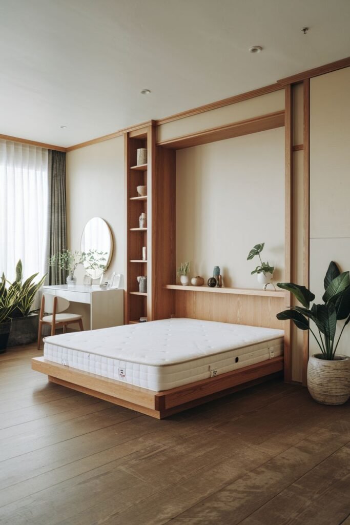 Japandi bedroom with a low wooden platform bed integrated into a wall unit with shelving and a built-in wardrobe, along with plants. This is a practical storage solution in a modern bedroom context.