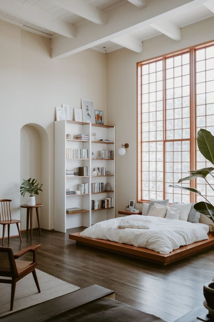 Modern Japandi bedroom with high, exposed beam ceilings, a low wooden platform bed, a tall white bookshelf, and large grid-patterned windows.
