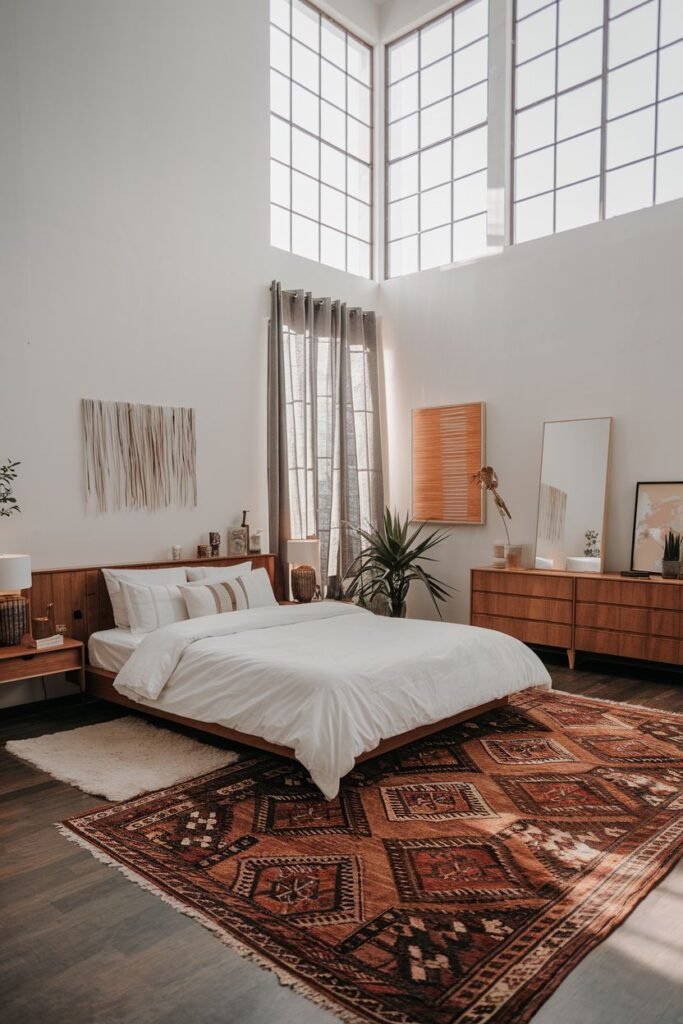 Loft-style modern bedroom with high ceilings, large windows, a low bed, and a large, colorful, patterned rug as a focal point. This space incorporates Japandi elements like natural materials and clean lines.