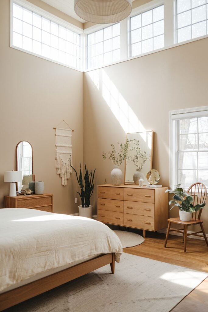 Sunny Japandi bedroom featuring light wood furniture, including a bed frame and dresser, and ample natural light from multiple large windows. This bright design creates a welcoming modern bedroom environment.