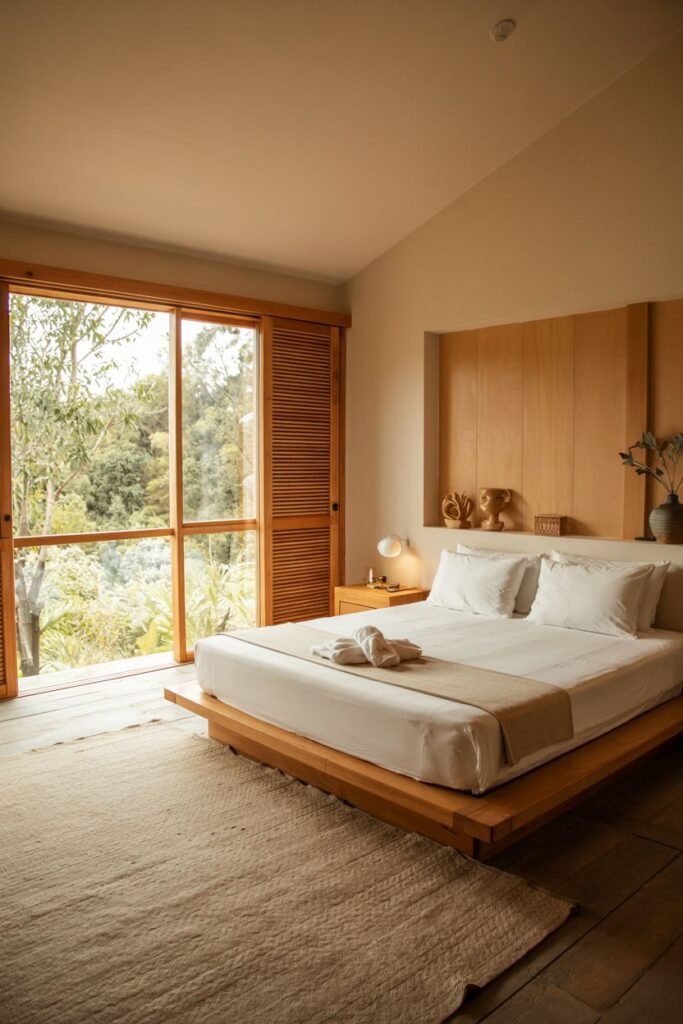 Modern Japandi bedroom utilizing natural wood tones for the low platform bed and wall paneling, with a large window opening to a natural view.